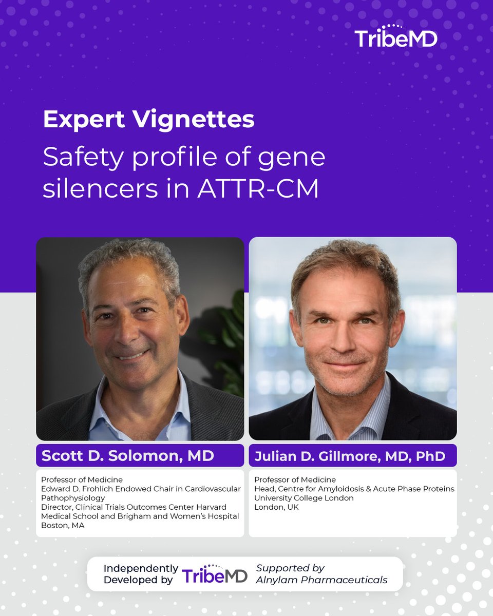 TribeMDUS's tweet photo. What are the safety implications of reducing TTR in ATTR-CM?

Dr. Scott Solomon and Prof. Julian Gillmore discuss vutrisiran, HELIOS-B, and key safety considerations: thyroid function, vitamin A, and tolerability.

Watch the discussion: https://t.co/MTmPQw3eSi https://t.co/Skr6c2Vuzf