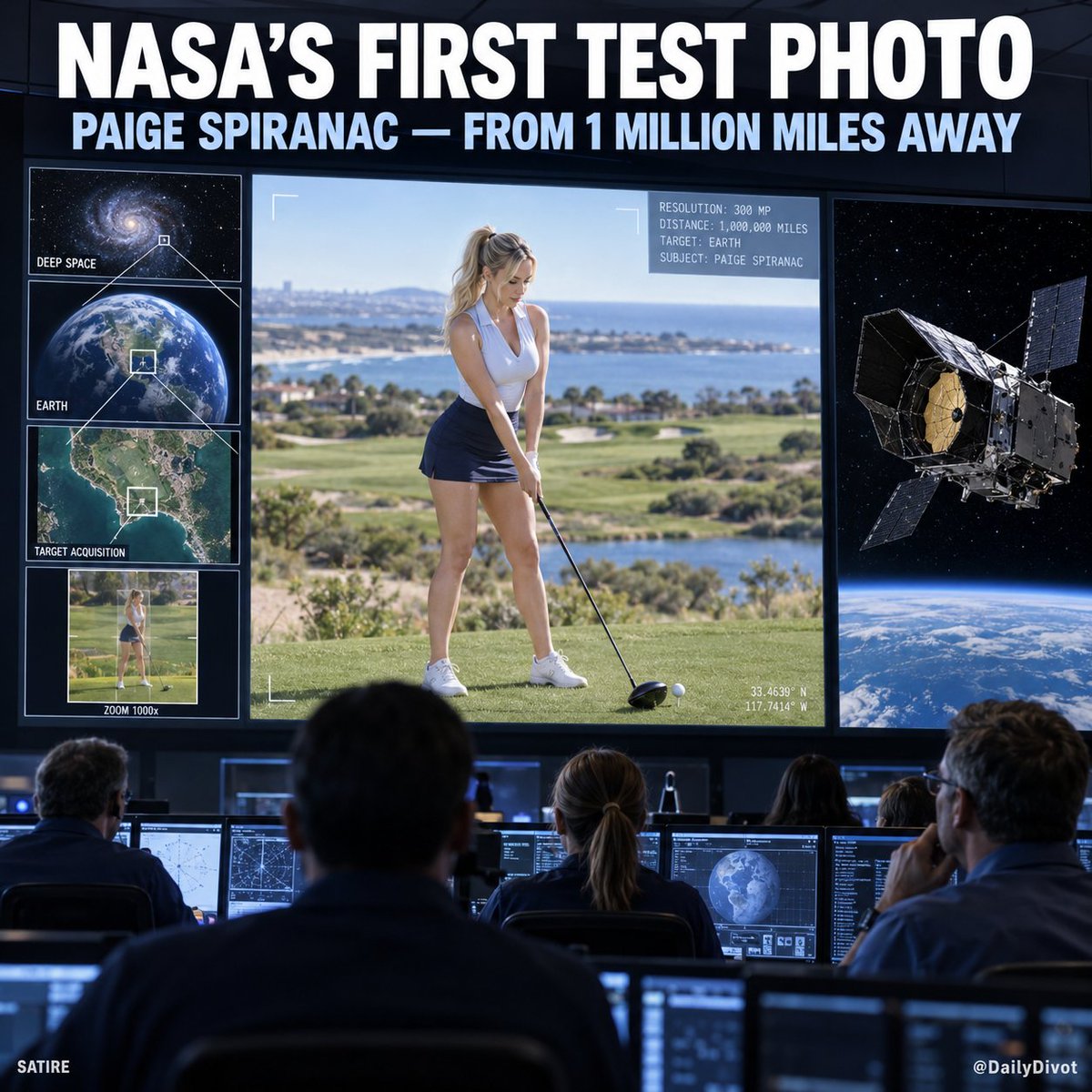DailyDivot's tweet photo. NASA’S NEW SPACE TELESCOPE CAPTURES FIRST TEST IMAGES

NASA engineers confirmed that the Nancy Grace Roman Space Telescope has successfully activated its powerful 300-megapixel Wide Field Instrument as it begins a lengthy testing and calibration process.

The advanced infrared camera was designed to photograph billions of galaxies, locate distant exoplanets and help scientists better understand dark matter and the expansion of the universe.

But according to fictional mission records obtained by The Daily Divot, the telescope’s first test images were aimed much closer to home.

Specifically, at Paige Spiranac standing beside a tee box on Earth.

“We needed a bright, recognizable object with the ability to attract millions of observers,” one fictional NASA scientist explained. “Technically, Paige met every mission requirement.”

Engineers reportedly confirmed that the camera captured Spiranac from nearly one million miles away with enough detail to determine her club selection, ball position and whether she had repaired her pitch mark.

The telescope was briefly redirected toward deep space, but website traffic immediately dropped 94 percent.

NASA has since classified the images as “scientifically essential” and denied reports that 37 engineers volunteered to personally review the raw footage.

The Roman telescope is expected to begin photographing distant galaxies soon, assuming Paige finishes her round.

This story is satire. Paige Spiranac and NASA were not involved in these fictional events.

Satire - @PaigeSpiranac @NASA #nasa