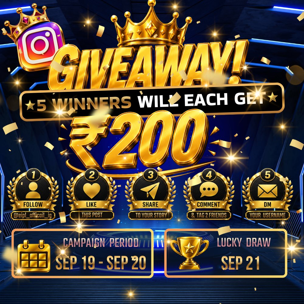eIPL_channel's tweet photo. 🎉 eIPL GIVEAWAY 🎉

📅 Giveaway: Sep 19–20
🎲 Lucky Draw: Sep 21
🏆 5 Lucky Winners
💰 ₹200 Bonus Each!

How to Participate:
1️⃣ Follow us on Instagram:
https://t.co/yGR4accXjD
2️⃣ Like this Giveaway post ❤️
3️⃣ Share this post to your Instagram Story 📲
4️⃣ Comment & tag 2 friends 👥
5️⃣ DM us your eIPL Game Username 🎮

⚠️ IMPORTANT:
• Your eIPL Game Username must be sent during the Giveaway period.
• UID is NOT your Game Username.
• Each eIPL Game Username has only one winning chance in this Giveaway.
• All winners will be checked for all Giveaway requirements.
• If any requirement is not completed, the winner may be disqualified and a new winner will be selected.
🎁 ₹200 Bonus will be credited to your eIPL account within 2 days.
🔄 3× turnover is required before withdrawal.
🍀 Complete all steps for your chance to win!

Good Luck Everyone! 🔥❤️