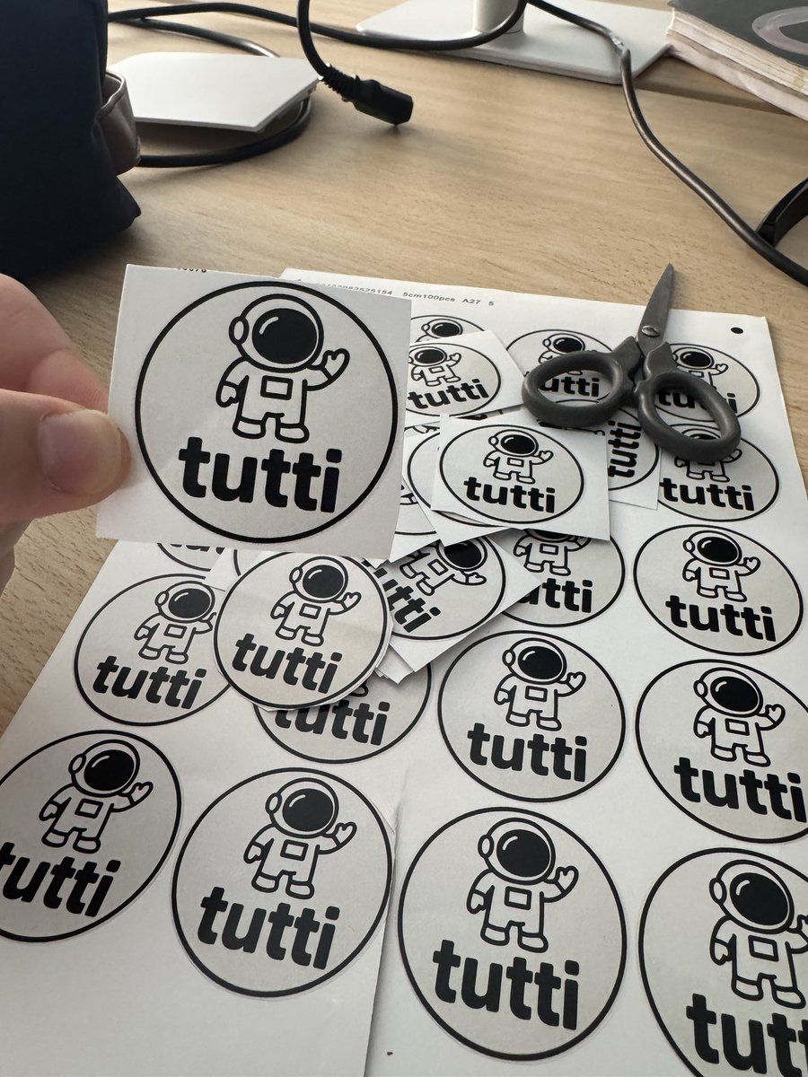 founderish's tweet photo. bootstrapped and hand-cut Tutti stickers 😆 https://t.co/31enCezP3x