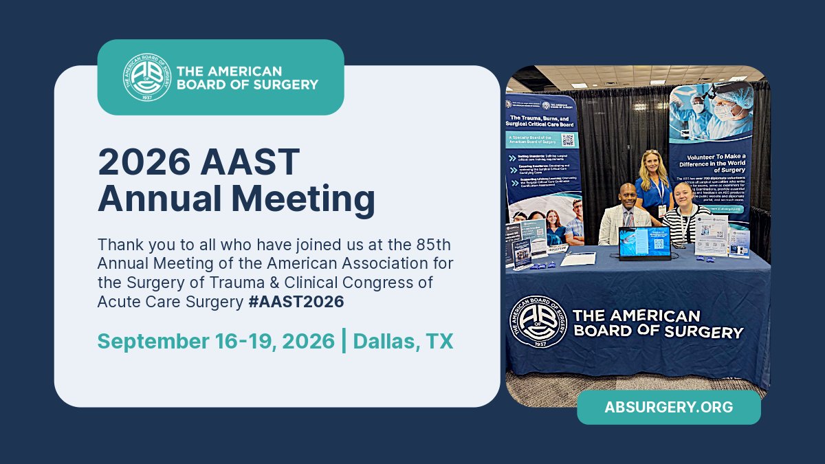 AmBdSurg's tweet photo. Thank you to all the surgeons who stopped by to talk to our team about EPAs, CCA, and all things trauma surgery at the 2026 AAST Annual Meeting! 
@traumadoctors
#AAST2026 https://t.co/0dL5FE5wsc