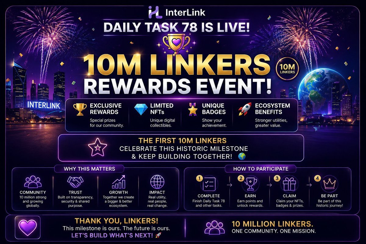 lakshmiw3's tweet photo. This image celebrates InterLink Daily Task 78 and the 10M Linkers Rewards Event, highlighting exclusive rewards, NFTs, badges, ecosystem benefits, and the strength of the growing Linker community. 💜🎉🔗
#interlink #ITLG #ITL https://t.co/tLctPACqmC