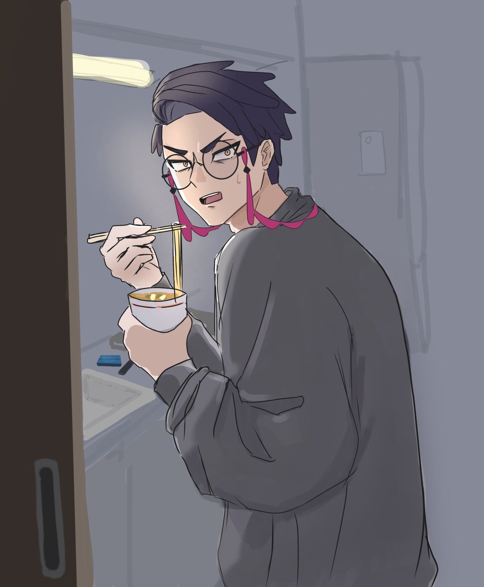 nzSkqLYCeW5734's tweet photo. こっそり夜食食べてるところに遭遇したい絵（超絶雑背景を添えて！！） https://t.co/B5YZSxBiTi