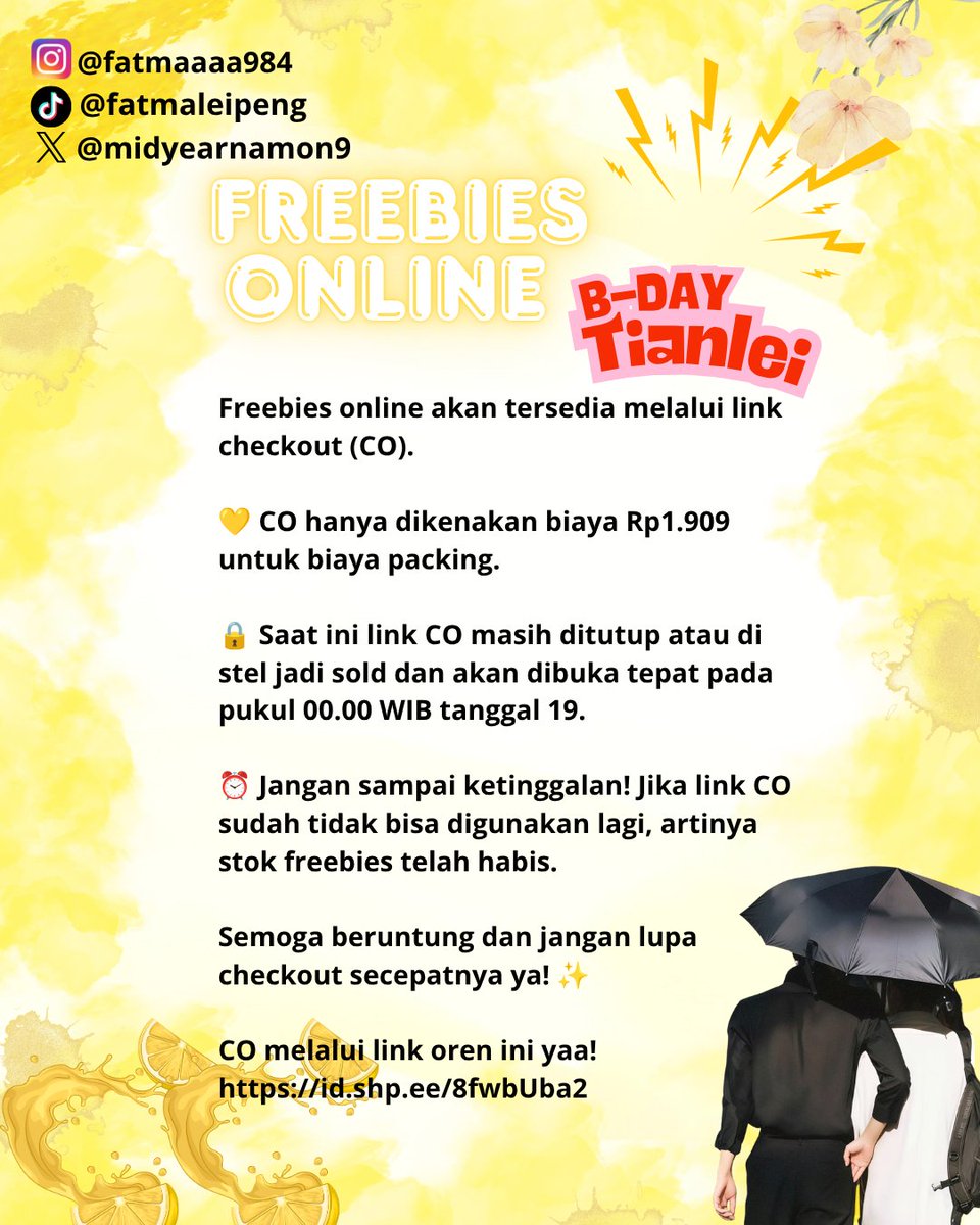 Midyearnamon9's tweet photo. ⏰ Link CO akan dibuka 19 September pukul 00.00 WIB.

Jangan lupa siapin alarm, karena stoknya terbatas. Kalau link CO sudah tidak bisa digunakan, artinya freebies sudah habis.

Semoga beruntung dan happy checkout! 🫶⚡
https://t.co/5dH3WfTe1Z

#TianXuning29thBirthday #TianXuning https://t.co/u5Ja8XMP0i