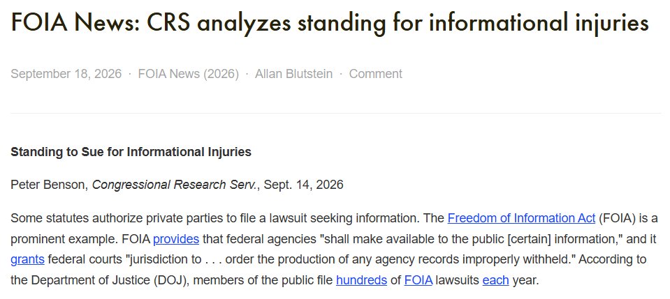 RPMulvey's tweet photo. Over at #FOIAadvisor, Allan (@AllanBlutstein) has posted an interesting update from #CRS on a new sidebar analysis re: informational injury and standing after TransUnion.  Link below!  This is an important topic that hasn't gotten enough attention. (1/8) https://t.co/uuugIdVSqw