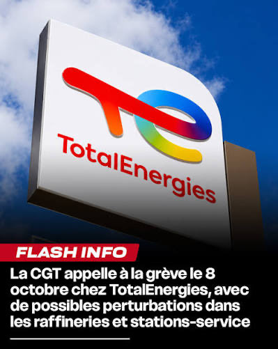 Vitexinfo's tweet photo. 🚨🇫🇷⛽ FLASH | La CGT de TotalEnergies appelle à la grève le 8 octobre.
Le mouvement vise « tous les sites du groupe », y compris raffineries et certaines stations-service. Le syndicat réclame des hausses de salaires et dénonce des effectifs « sous tension ».
Selon la CGT, le mouvement pourrait entraîner des arrêts d’expédition de carburants ou des fermetures de stations, selon la mobilisation locale.
L’appel tombe alors que les prix sont déjà au plus haut et que des centaines de stations sont en rupture. (AFP / BFMTV)