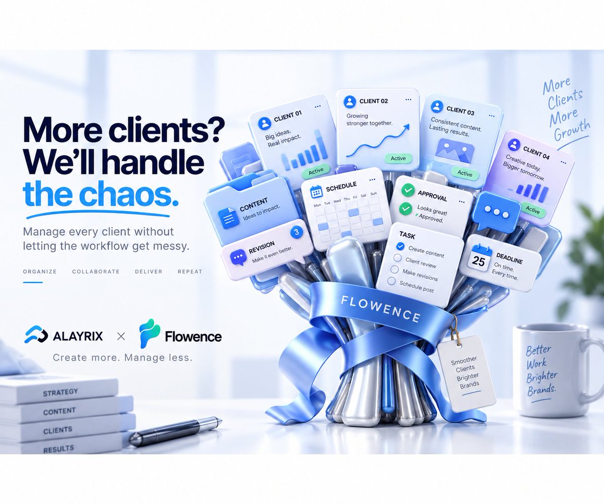 teamalayrix's tweet photo. More clients? 
We’ll handle the chaos. 
Keep clients, content, approvals &amp; workflows organized in one place.  
More growth. 
Less chaos.  
Alayrix × Flowence  #AgencyLife #ClientManagement #WorkflowAutomation https://t.co/wd8tag5xbC