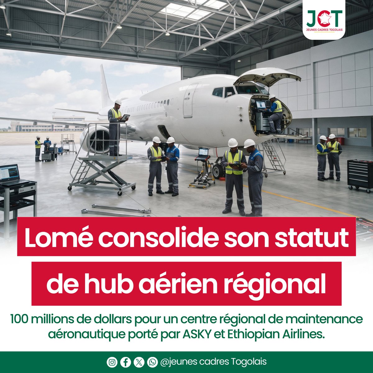 JeunesCadresTog's tweet photo. Lomé renforce son rôle de hub aérien africain. 
#ASKY et #EthiopianAirlines lancent un projet de centre MRO de 100 M$, avec deux hangars et un atelier composants. Un investissement qui ajoute une dimension industrielle à l’aviation togolaise.
#Togo #Industrialisation #TgTwittos https://t.co/ozxreUtyQO