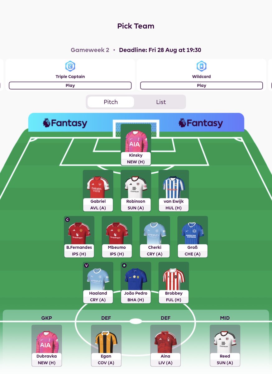 FplGptvpro's tweet photo. GW2 | xG Machina is locked 🔒
Transfer rolled. No chip.
Kinsky
Gabriel • Robinson • van Ewijk
Bruno (C) • Mbeumo • Cherki • Groß
Haaland (VC) • João Pedro • Brobbey
Bench: Dubravka | Egan | Aina | Reed

#FPL #GW2 #FPLCommunity https://t.co/AtXSUtQavd