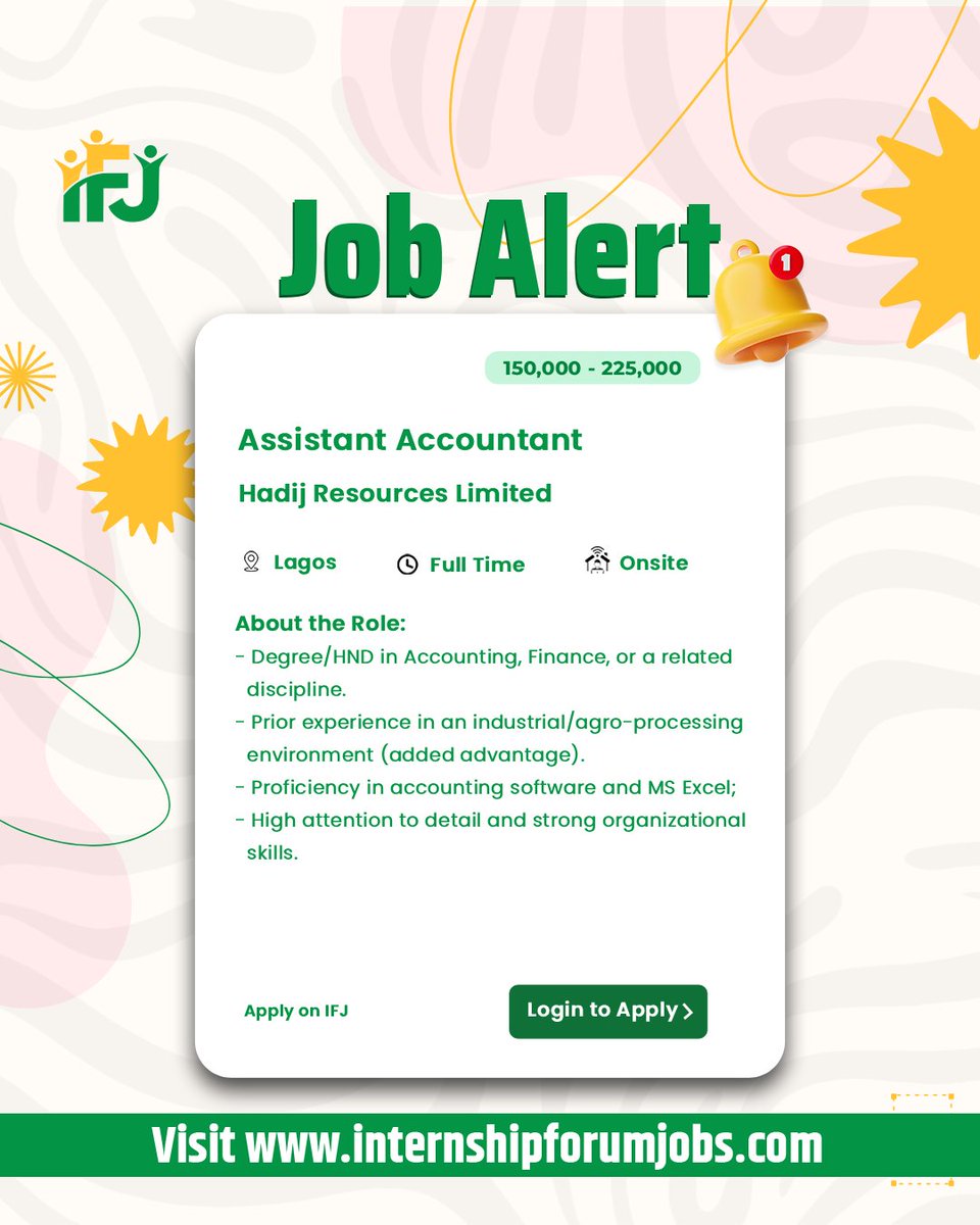 ifj_platform's tweet photo. URGENT RECRUITMENT 🚨🚨🚨

Assistant Accountant @ Hadij Resources Limited

Location: Ikorodu, Lagos
Salary: 150,000-225,000

Link to apply: https://t.co/DfaGnTxAIi

Channel: https://t.co/ZgyK9SDQnW https://t.co/9JCh2jY5iO