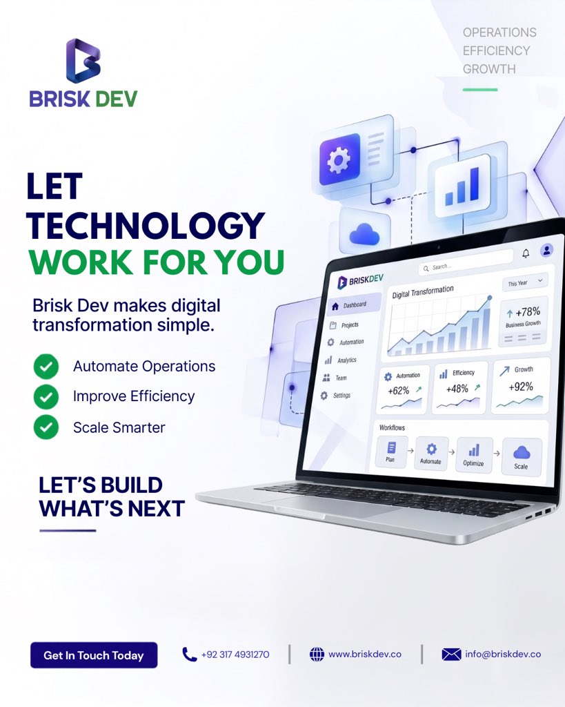 briskdevtech's tweet photo. Technology should do more than support your business it should help move it forward.

At Brisk Dev, we build digital solutions designed to simplify operations, improve efficiency, and help businesses scale with confidence.

 📩 info@briskdev.co
 📞 +92 317 4931270 https://t.co/tiq5XLQyPd