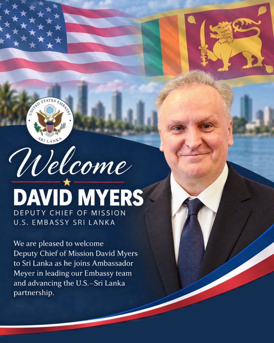 SriLankaTweet's tweet photo. Ayubovan ආයුබෝවන් வணக்கம்🙏
Welcome to Sri Lanka 🇱🇰 🙏

Warm greetings to David Myers, who has assumed duties as the new Deputy Chief of Mission at the U.S. Embassy in Sri Lanka.

🇺🇸🇱🇰 https://t.co/lSeSjZVUDG