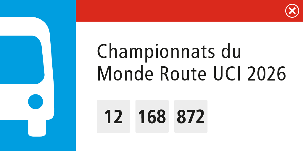 stm_Bus's tweet photo. [État du service] 🚌⚠️ Championnats du Monde Route UCI 2026

📅 19 au 21 septembre
🕔 5h30 à 18h30
⛔ Aucun service sur les lignes 12, 168 et 872
✅ Service bonifié sur les lignes 172 et 176

Info ➡️ https://t.co/yIY3UbNSpK https://t.co/7ayYVlv2kY