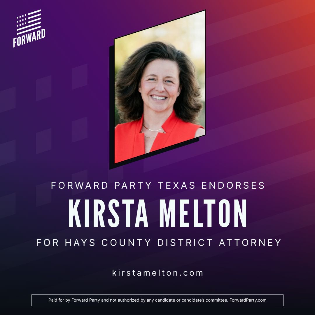 FWD_Texas's tweet photo. ENDORSEMENT ANNOUNCEMENT! We're proud to endorse Kirsta Melton for Hays County District Attorney! 💜
⭐ Felony Prosecutor ⭐ Independent Justice ⭐ Anti-Trafficking Expert ⭐ Proven Leader ⭐ Community Servant
Read: https://t.co/q6hlQHLjCg
#ForwardParty #TexasForward #HaysCounty #Independent