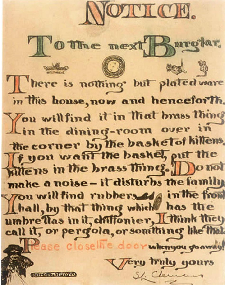 TwainHouse's tweet photo. On this day in 1908, Mark Twain became a mark himself.

In the early hours of September 18, two burglars broke into Twain’s Stormfield home in Redding, Connecticut, and made off with family silver.

Twain’s secretary, Isabel Lyon, raised the alarm, and the thieves were tracked to a train. Deputy Sheriff George Banks apprehended them after a dramatic struggle involving gunfire, and Twain was there later that morning as the men faced charges.

But perhaps the most Twain-like part of the story came the next day.

On September 19, Clemens posted a notice on Stormfield’s front door addressed “To the Next Burglar,” politely directing any future thieves to the plated ware and reminding them:

“Do not make any noise, it disturbs the family.”

More than a century later, Twain still gets the last word.

#MarkTwainHouse #MarkTwain #OnThisDay #ConnecticutHistory #Stormfield