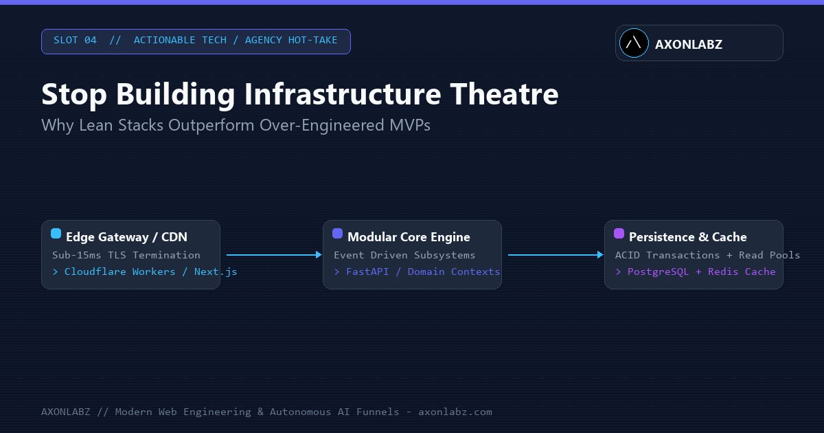 axonlabz's tweet photo. Hot take: If your MVP needs Kubernetes &amp; Kafka, you are building infrastructure theatre.

A single Postgres DB + PgBouncer handles $2M+ ARR effortlessly.

Build lean. Don't let tech stack complexity kill product iteration. https://t.co/4mABTaibBq