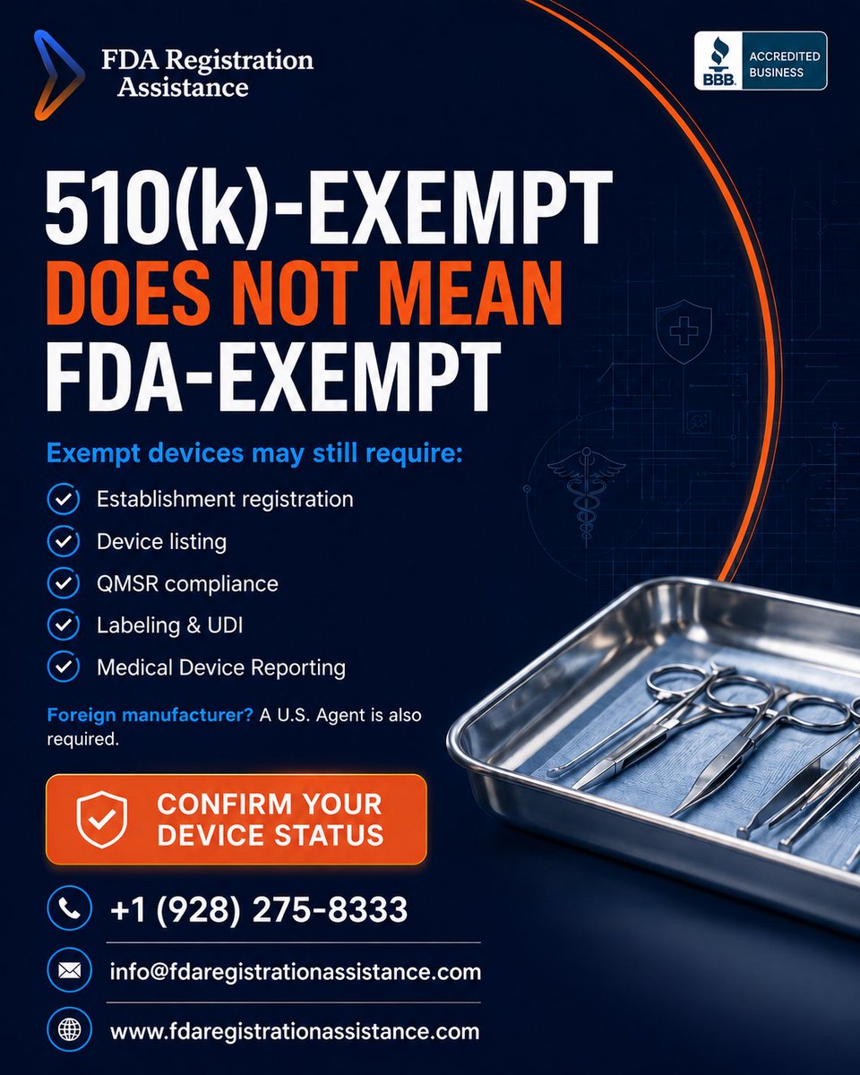 fda_assistance's tweet photo. 🩺Is your surgical tool 510(k)-exempt?

Some manual instruments may be. Powered or specialized devices may require a different FDA pathway.

⚠️ 510(k)-exempt ≠ FDA-exempt.

Confirm classification before marketing.

#FDA #510k #MedicalDevices #FDACompliance #Healthcare https://t.co/uQVrGrbmHn