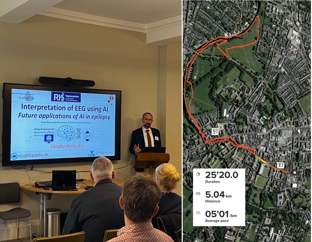 SBeniczky's tweet photo. It has been a pleasure speaking about AI &amp; #epilepsy at the EPNS Master Class in Cambridge.
And a nice, late evening run :)
https://t.co/zt5WKf8INS
#EEG #ArtificialIntelligence @FilaResearch https://t.co/8TOUYrBK06