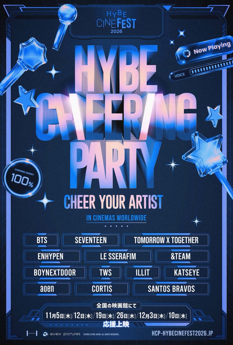 ILLITjpofficial's tweet photo. ＼発声OK！応援アイテム OK！／

HYBE MUSIC GROUPアーティストのMV、パフォーマンス映像を楽しむ「HYBE CHEERING PARTY」にてILLITを応援しよう🙌

🎬「HYBE CHEERING PARTY」上映日程
11月5日(木),11月12日(木),11月19日(木)
11月26日(木),12月3日(木),12月10日(木)

📅前売券販売開始日 : 10月1日(木)〜
📍映画祭特設サイト : https://t.co/TddxDoiKDU

詳しくはこちら🔗https://t.co/lyxxckas3h

#ILLIT
#HYBECINEFEST
#HYBECINEFEST2026
#EVERYWHERE_WE_CHEER