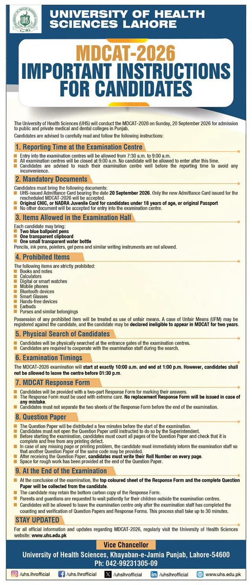 uhslhrofficial's tweet photo. IMPORTANT INSTRUCTIONS
FOR CANDIDATES MDCAT-2026 https://t.co/Mxdg0A0xfc