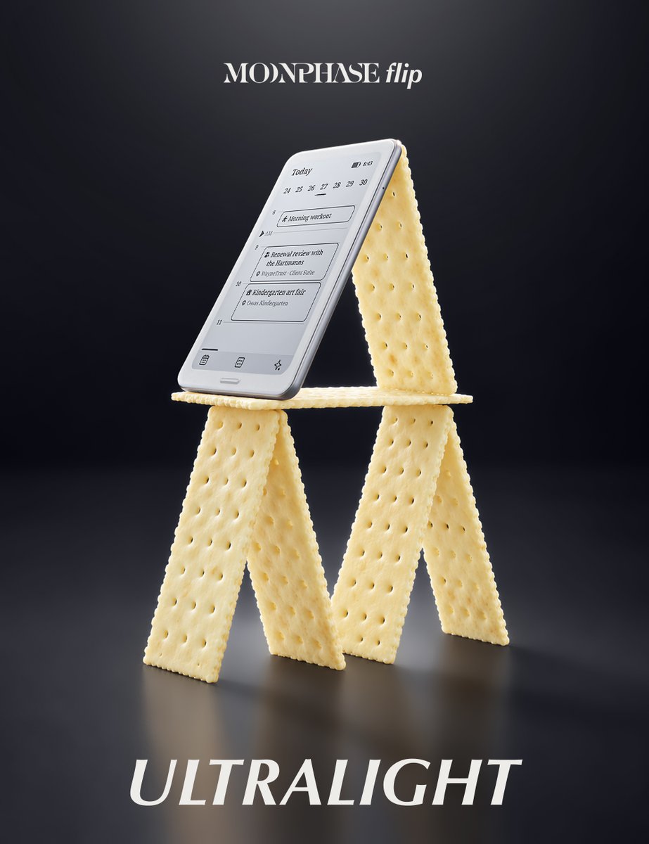 Moonphase_AI's tweet photo. Thinnest. Lightest. Made differently.
#MoonphaseAI #MoonphaseFlip #EInk https://t.co/UqA3sZ45yz