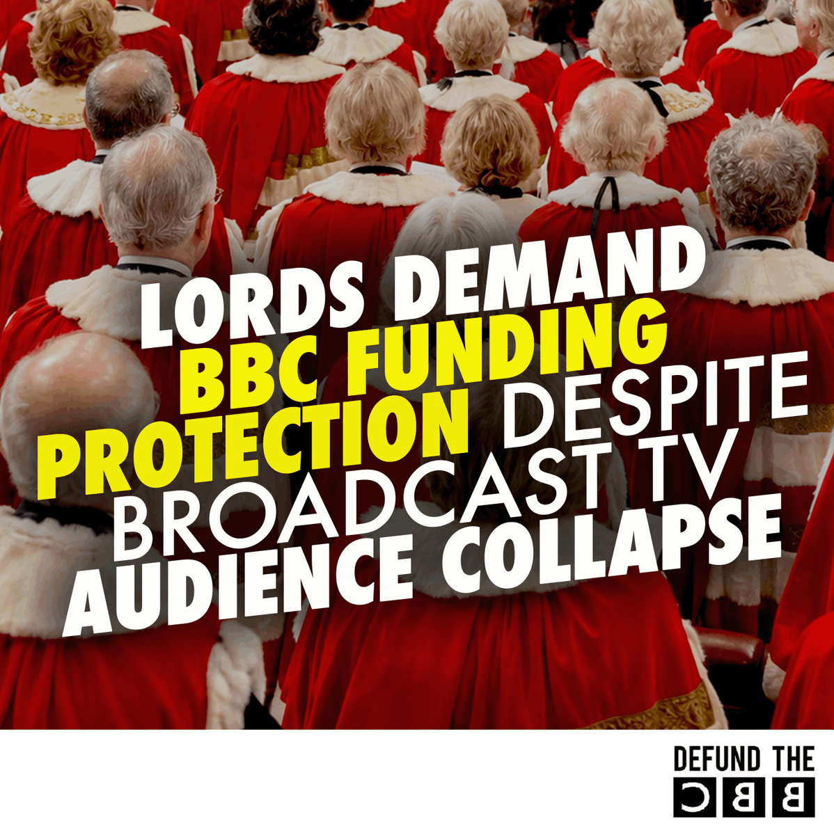 DefundBBC's tweet photo. 🚨Broadcast TV audiences are collapsing

💣Weekly reach has plummeted from 92% to just 54% in a decade.

So what have the Lords demanded today?

More protection for BBC funding 🙄

The establishment answer is always the same:

Protect the BBC. Make the public pay.

#DefundTheBBC https://t.co/Gt5hBmgM6i