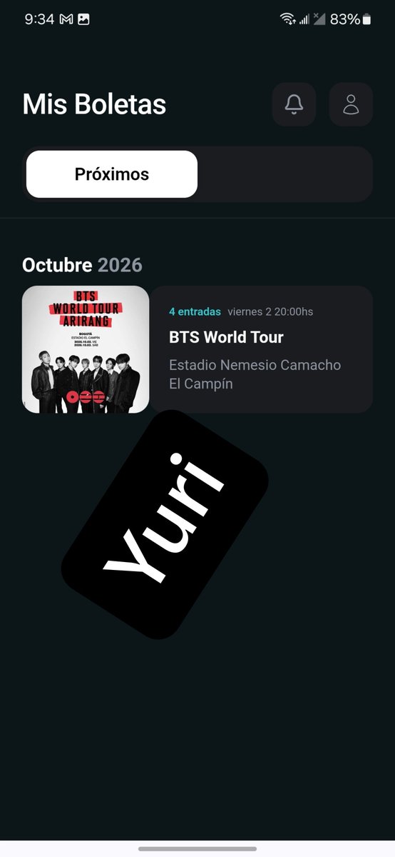 YuriOtil's tweet photo. @JugoDTomateDArb ENTRADAS BTS WORLD TOUR – PRIMERA FECHA EN BOGOTÁ 🔥  

¡Vendo las 4 entradas juntas en OCCIDENTAL BAJA para la primera noche de BTS en Colombia!  

📅 Viernes 2 de octubre de 2026 – 20:00hs  
📍 Estadio Nemesio Camacho https://t.co/rrSUKMRktB