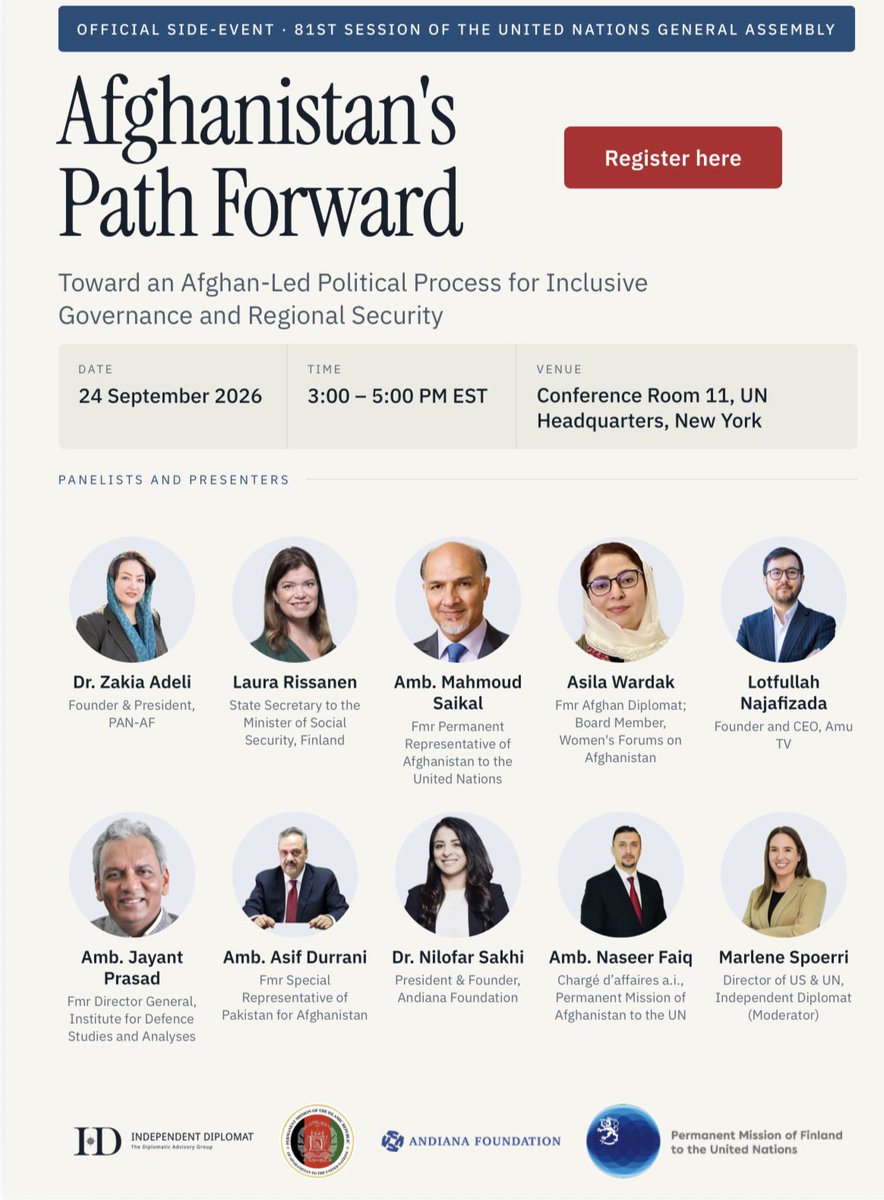 IDiplomat's tweet photo. This #UNGA81 please join ID,  @AFGMissionUN @FinlandUN @AndianaOrg for a frank, solutions-oriented conversation on what’s next for Afghanistan and how to restart an inclusive Afghan-led political process.

Register to attend here: https://t.co/rpnKsvhxKo https://t.co/FZqeHD5KJX