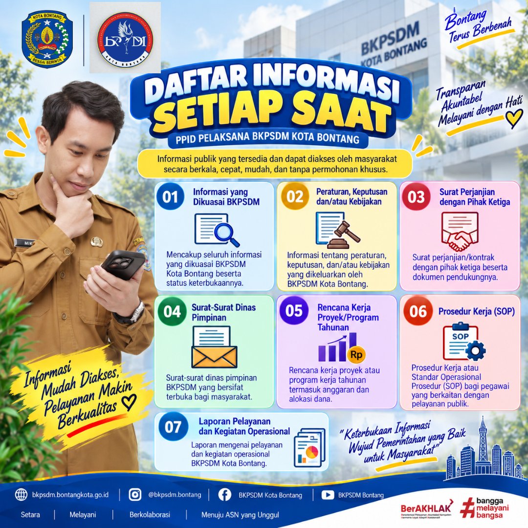 bkpsdm_bontang's tweet photo. 📢 INFORMASI SETIAP SAAT

BKPSDM Kota Bontang berkomitmen untuk memberikan akses informasi publik yang mudah, cepat, transparan, dan dapat diakses setiap saat oleh masyarakat.

✨ Informasi Terbuka, Pelayanan Transparan, ASN Profesional. https://t.co/kEoKe5CnAh