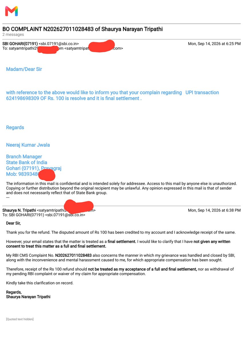 Shaurya_3pathi's tweet photo. @TheOfficialSBI @NPCI_NPCI @RBI मेरा सवाल है कि जब मेरी RBI complaint pending थी और मैंने withdrawal की कोई consent नहीं दी थी, तो किस आधार पर Branch Manager ने call करके complaint withdraw करने का अनुरोध किया? बिना मेरी written consent के refund को “final settlement” क्यों बताया गया? https://t.co/S9gmzk2qe1