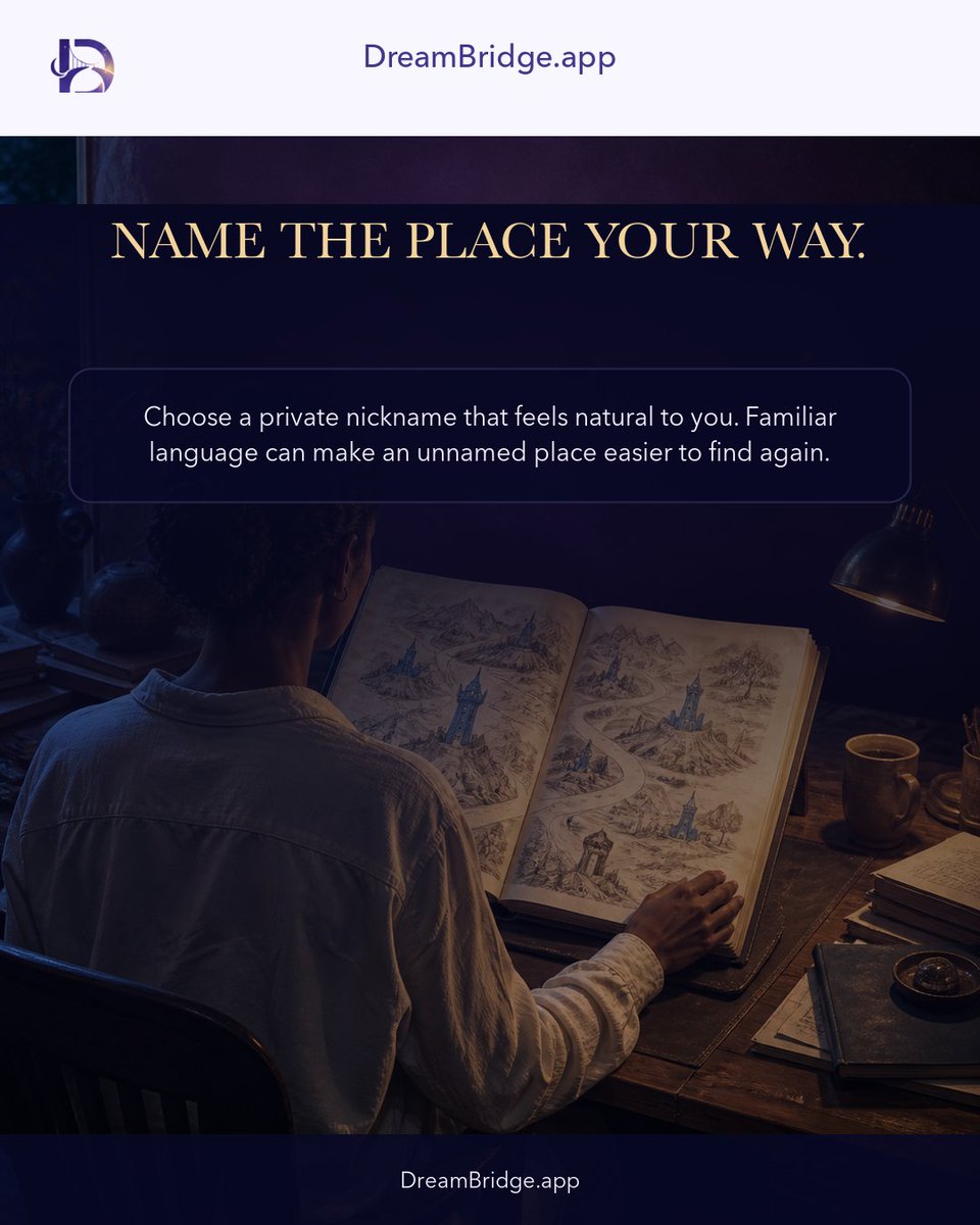 Dreambridge_App's tweet photo. Give recurring places a nickname only you would use.

Choose a private nickname that feels natural to you. Familiar language can make an unnamed place easier to find again. https://t.co/1YlQYpAbBr