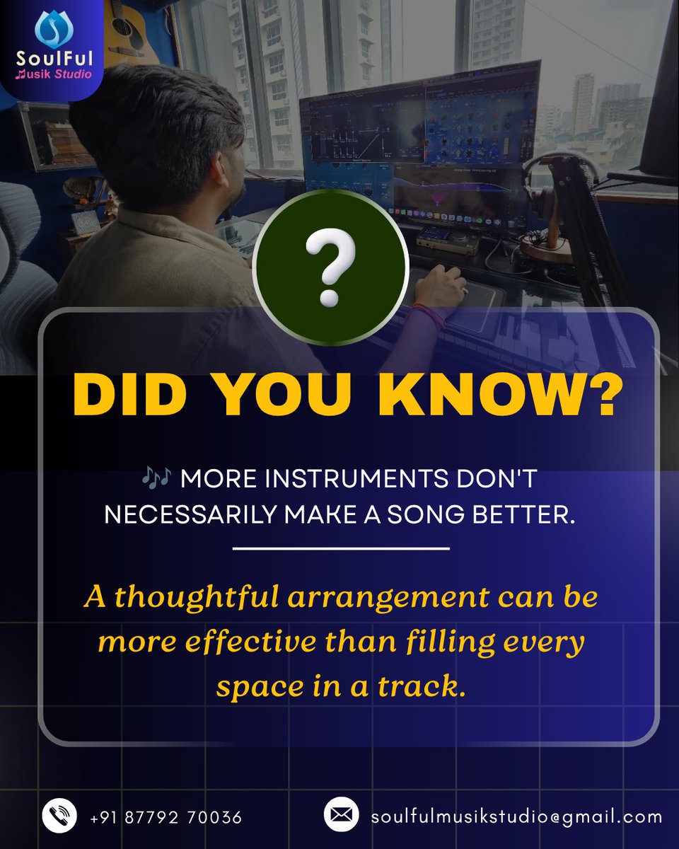 studio_soulful's tweet photo. 🎶 DID YOU KNOW?

More instruments don’t necessarily make a song better. A thoughtful arrangement can be more effective than filling every space in a track. 🎧
Great music is about balance, space, emotion &amp; intention. 🎼
Create. Record. Produce.

#SoulFulMusikStudio https://t.co/fCBz6vnCSz