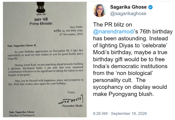 rishibagree's tweet photo. -PM Modi on Sagarika's birthday 
-Sagrika on PM Modi's birthday 

Class and upbringing matters ..... https://t.co/DbqkL5T2Cf