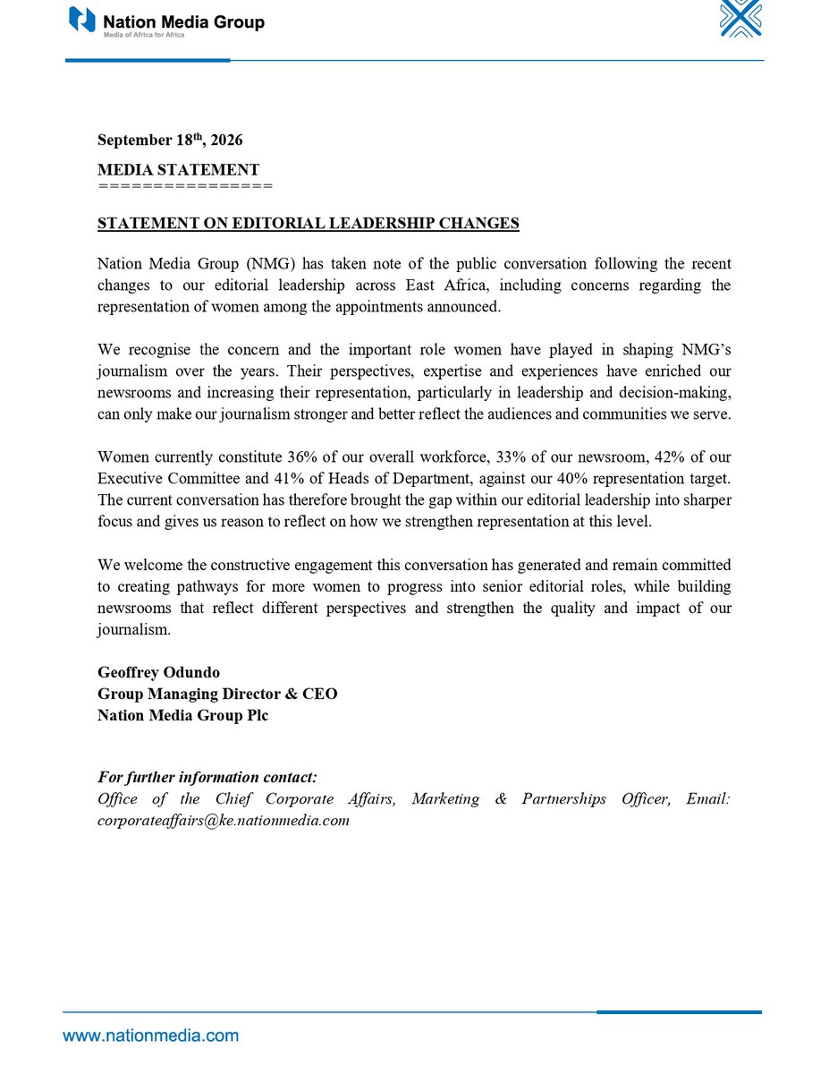 NationMediaGrp's tweet photo. Statement on Nation Media Group's Editorial Leadership Changes https://t.co/sHy7pOIzyW