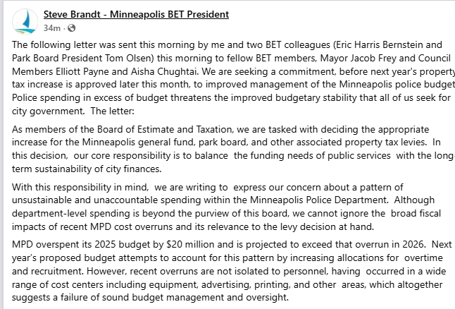 taylr's tweet photo. steve brandt, eric harris bernstein and tom olsen of the BET sent this letter to their fellow BET members, mayor jacob frey, city council president elliott payne, and council member aisha chughtai seeking a commitment to improved budget accountability for the minneapolis police department as they overrun their budget by millioins