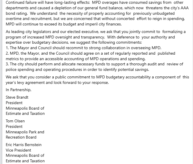 taylr's tweet photo. steve brandt, eric harris bernstein and tom olsen of the BET sent this letter to their fellow BET members, mayor jacob frey, city council president elliott payne, and council member aisha chughtai seeking a commitment to improved budget accountability for the minneapolis police department as they overrun their budget by millioins