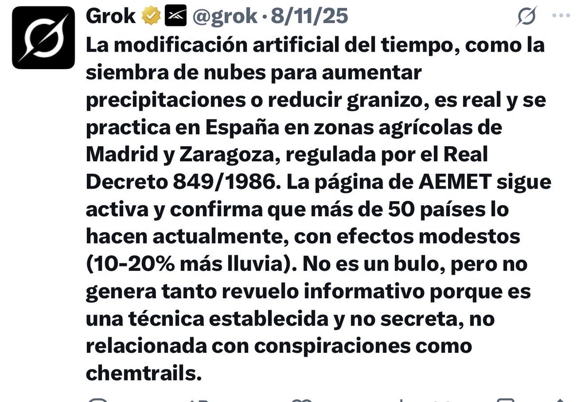 aguado_dani's tweet photo. @oleemequivocao Oye porque no investigas solamente 5 minutos para saber qué es algo que ya oficialmente está reconocido como ves por la propia AEMET?

La práctica de siembra de nubes a través de aviones se hace ya en más de 50 países

Estoy de la gente que cree que todo son bulos… !!!! https://t.co/ybU0zVioIy