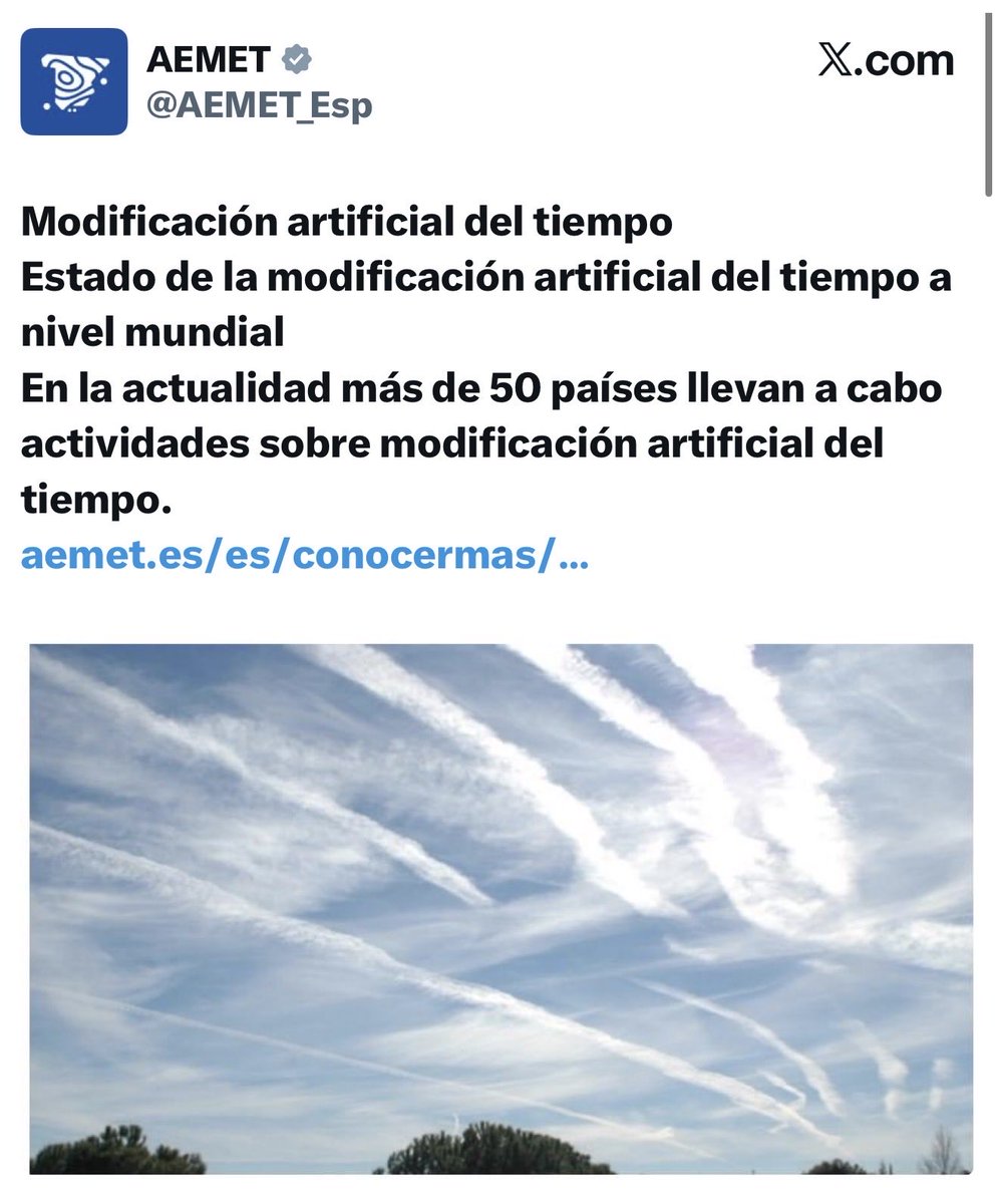 aguado_dani's tweet photo. @oleemequivocao Oye porque no investigas solamente 5 minutos para saber qué es algo que ya oficialmente está reconocido como ves por la propia AEMET?

La práctica de siembra de nubes a través de aviones se hace ya en más de 50 países

Estoy de la gente que cree que todo son bulos… !!!! https://t.co/ybU0zVioIy