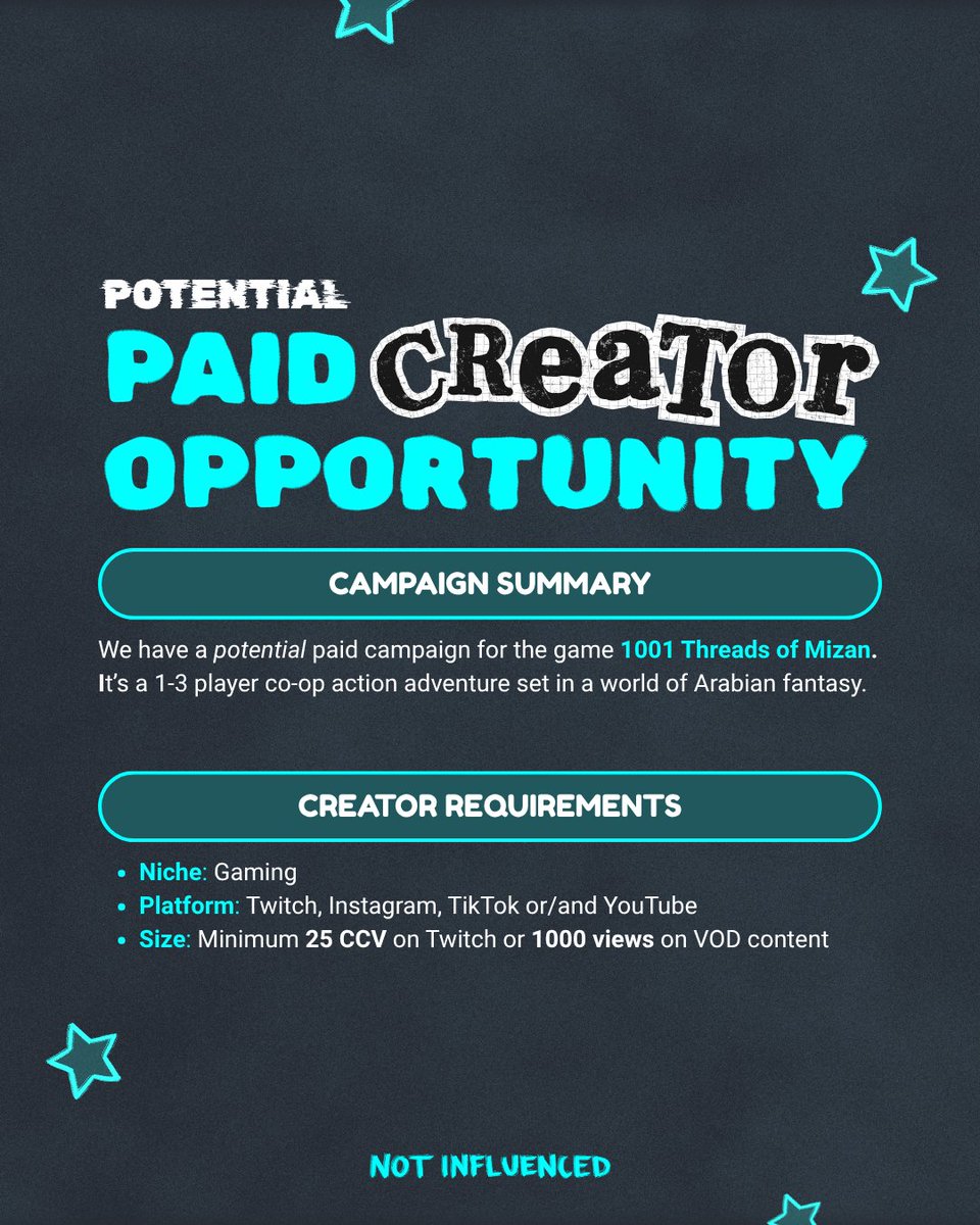 notinfluencd's tweet photo. 💙OPPORTUNITY FOR GAMING CREATORS💙

We have a potential campaign coming up for the game 1001 Threads of Mizan, with possible paid opportunities too!

🕹️Link to apply is in our Opportunities channel in our Discord at: https://t.co/wiBtBKi2dw https://t.co/zg4uyIRvcM