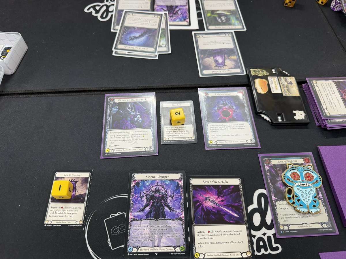 TCGcardcouple's tweet photo. IAR pre release at @CCGSmith! 
Loy played Malice while I played Viserai (murmuring gloomblade great card). Also opened some Rosetta and got a EA call to the grave 🥰 overall great day of playing purple runeblade boi. 

#fabtcg https://t.co/Xf85iYENEV