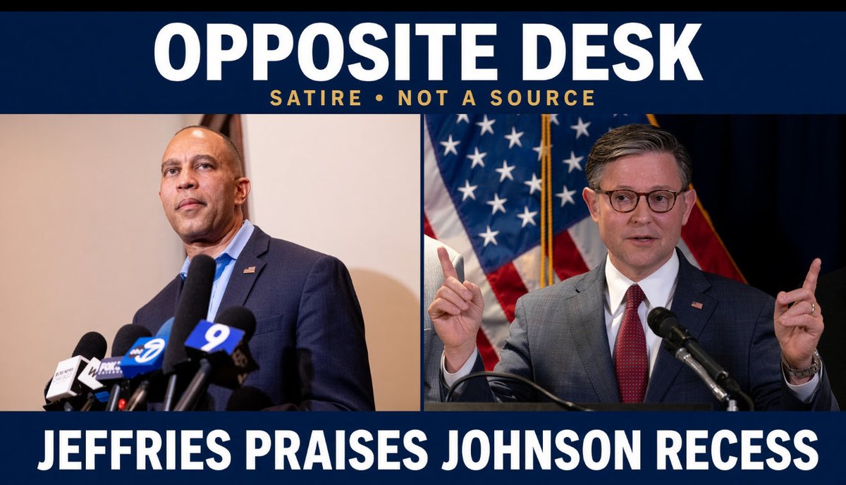 OppositeDesk's tweet photo. Opposite Desk

Hakeem Jeffries praised Speaker Johnson for sending the House home and said Americans should thank Republicans for the tax cuts.

“We were wrong about the recess,” he said. “Go vote.”

-Reed E. Lyes, Opposite Desk https://t.co/sk0PyStcMS