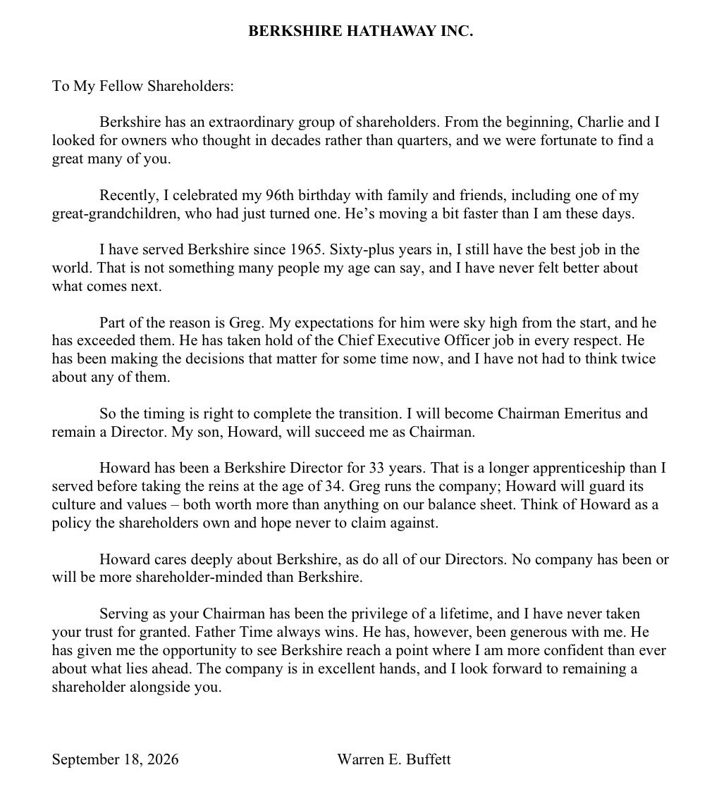 brewmarkets's tweet photo. Warren Buffett officially steps down as chairman of Berkshire Hathaway.

"Serving as your Chairman has been the privilege of a lifetime, and I have never taken your trust for granted." https://t.co/dNMzRPICro