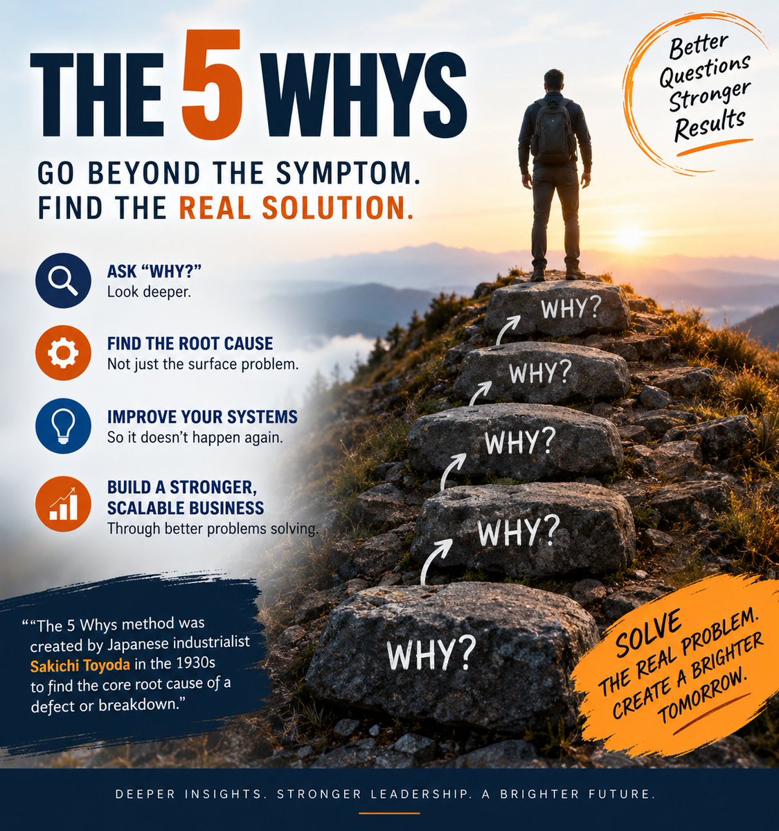 fredkreger's tweet photo. Stop fixing symptoms.
When a problem keeps coming back, ask “Why?” until you uncover the system, process, or decision causing it.
Strong leaders don’t ask, “Who failed?”
They ask, “What broke and how do we prevent it?”
#Leadership #5Whys #ScalingUp https://t.co/yOvDUbVKdo