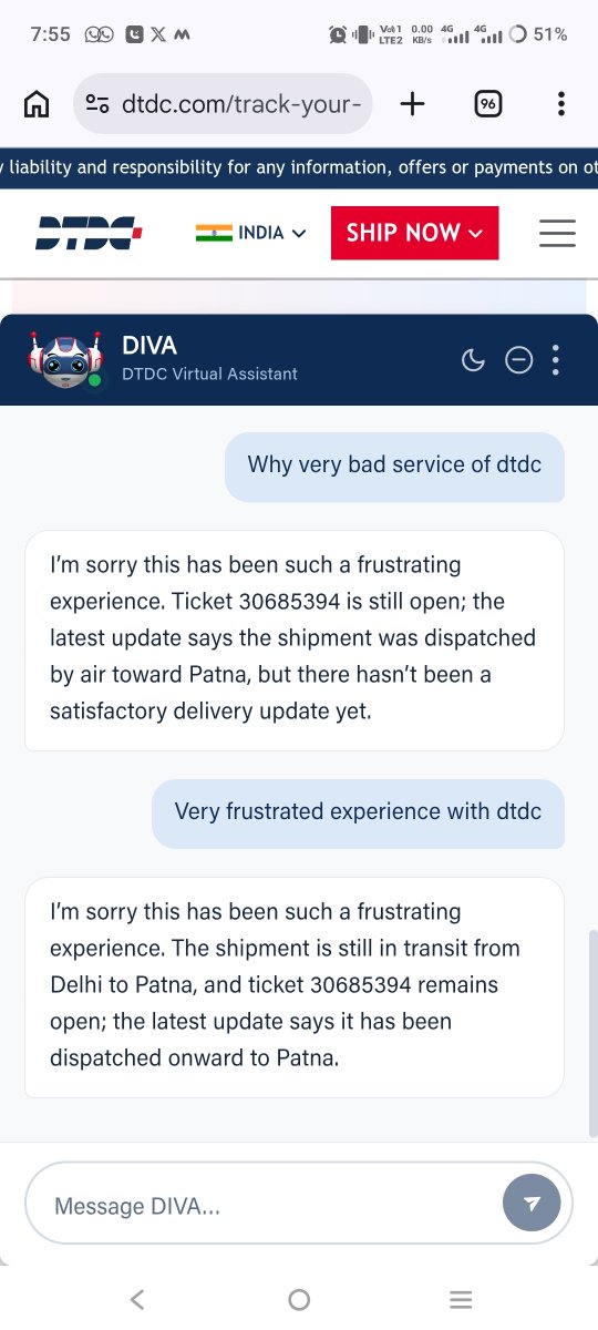 Deepak96805131's tweet photo. @DTDCIndia 
Today also DTDC auto reply share frustrated experience also. https://t.co/94d4QG78Pg