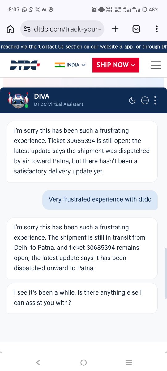 Deepak96805131's tweet photo. @DTDCIndia 
Today also DTDC auto reply share frustrated experience also. https://t.co/94d4QG78Pg