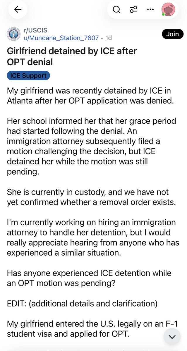 加州一F-1学生OPT申请遭拒后男友称其在宽限期内疑被ICE拘留