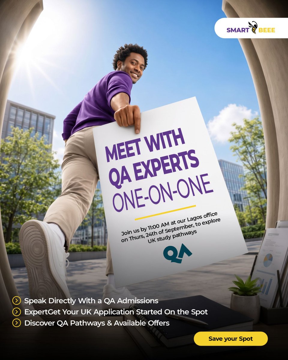 smartbeee_ng's tweet photo. 🎓 Planning to study in the UK?

Meet QA experts one-on-one at the SmartBEE Lagos Office on Thursday, 24 September at 11 AM. Explore UK study pathways, available offers &amp; get your application started.

📍 Lagos | ⏰ 11 AM
 
Save your spot! DM us now. https://t.co/FmabvoD8JH