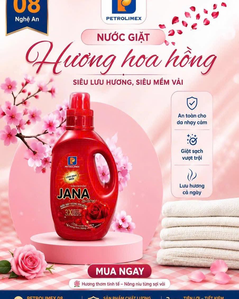 JessiiLiima89's tweet photo. JANA ROSE - ROSE FRAGRANCE FOR A FRESH-SMELLING HOME

Laundry detergent for every family. Removes tough stains, protects fabrics and colors, is gentle on sensitive skin, and leaves a long-lasting, elegant rose scent. Available at Petrolimex Nghe https://t.co/bvQ6PJueUb
