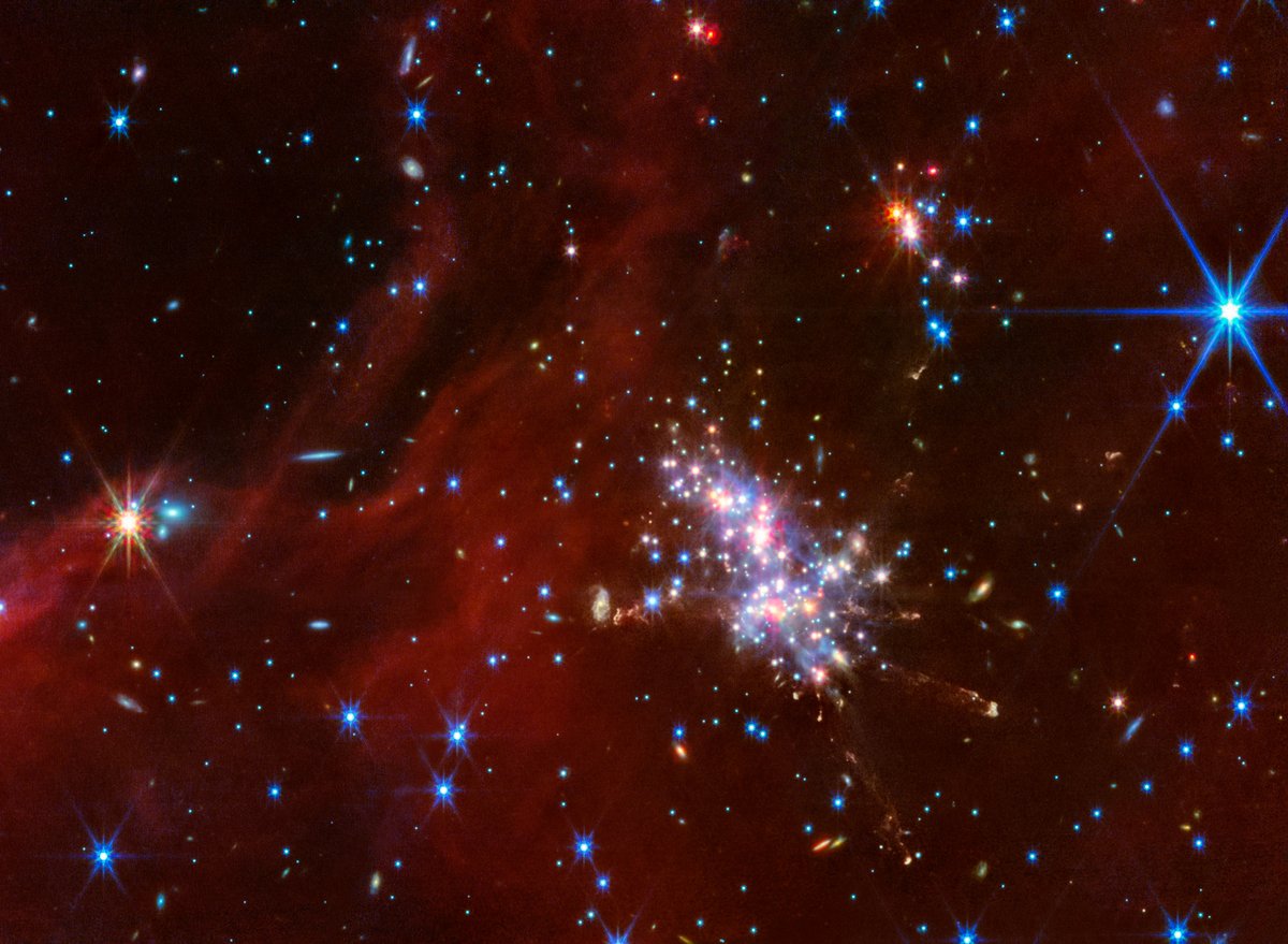 A star-forming region. At center right is a compact star cluster composed of luminous red, blue, and white points of light. Faint jets with clumpy, diffuse material extend in various directions from the bright cluster. Above and to the right is a smaller cluster of stars. Translucent red wisps of material stretch across the scene. Background galaxies are scattered across this swath of space, appearing as small blue-white and orange-white dots or fuzzy, thin disks.