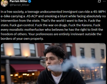 WomanDefiner's tweet photo. There is almost zero difference between a libertarian like this and a communist on the left.

The only difference is how they get to this outcome. https://t.co/oVDtBqTFWf